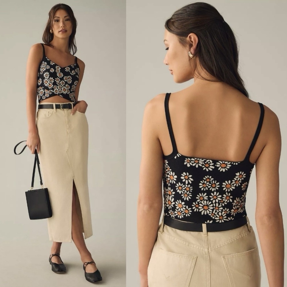 Maeve Black Cropped Daisy Print Tank Top